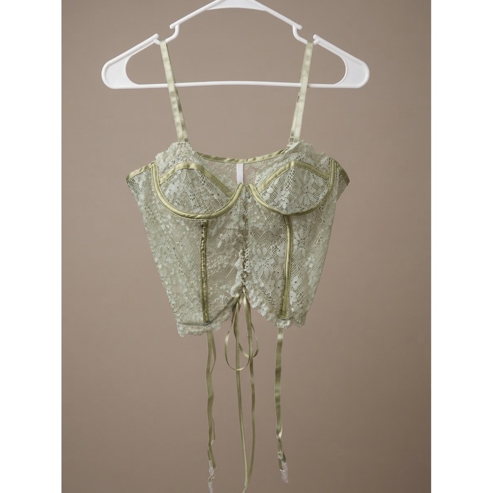 Sage Green Lace Corset Top Underwire Garter Straps Large Forest Fairy Sheer